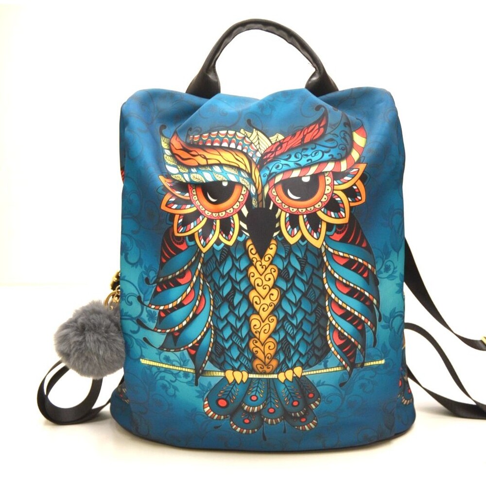 Stunning Ethnic Owl Print Backpack Purse Anti Theft Bag Travel with Pom Charm